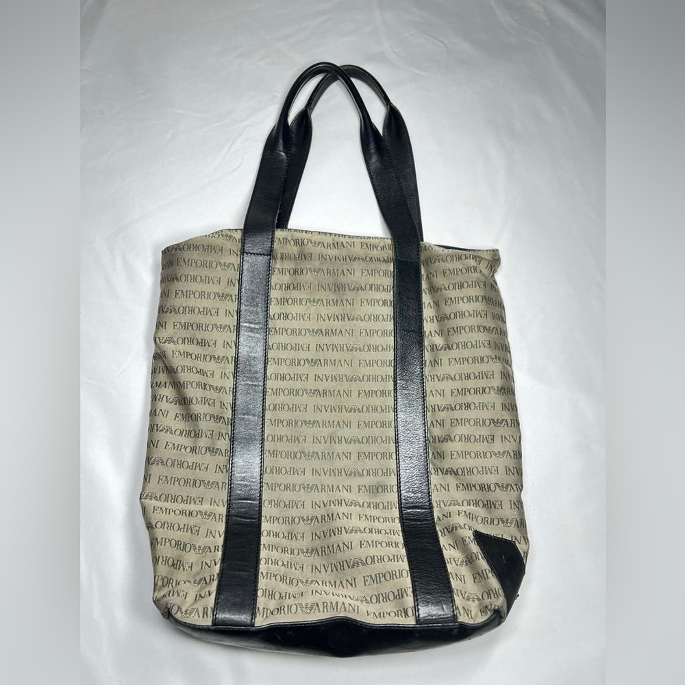 Emporio Armani Beige Logo Canvas Tote with Black Leather Straps